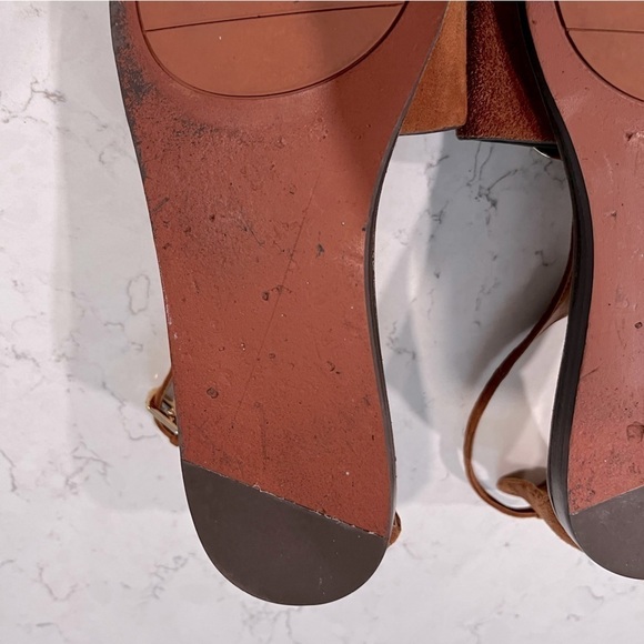 Franco Sarto Lockheart Cognac Suede Gold Ring Ankle Strap Sandal, size 8 - Picture 11 of 14